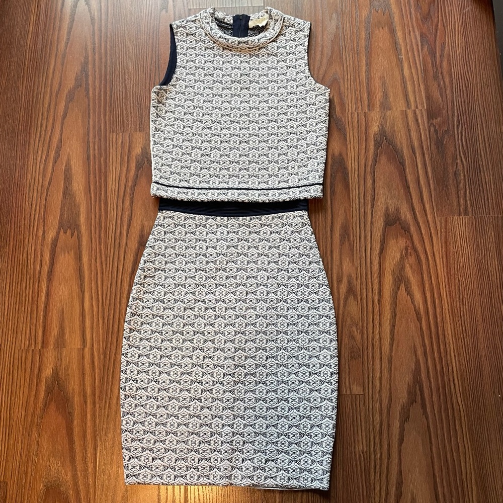 Two-piece white and blue skirt and top